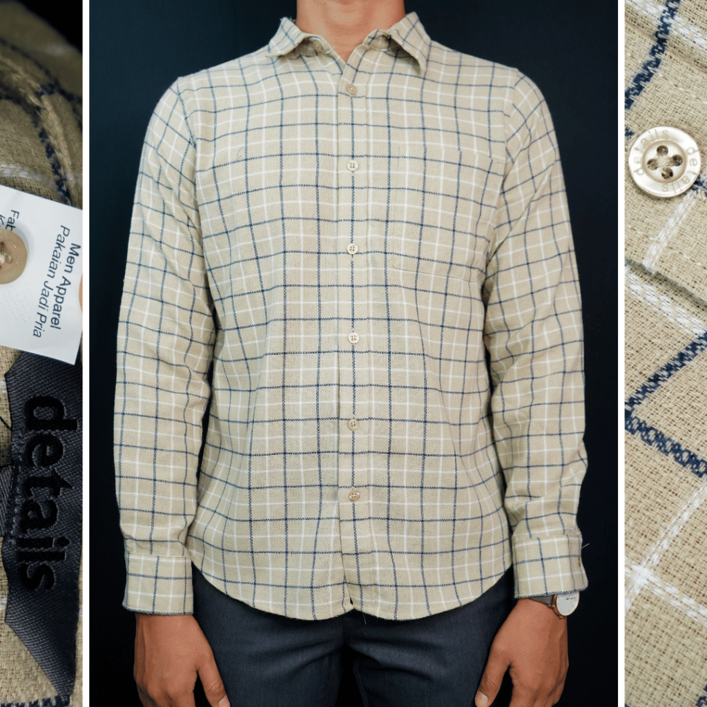 DETAILS Kemeja Casual Pria Lengan Panjang Reguler Cream Motif Kotak/Krem Motif Kotak | Kemeja Kesual