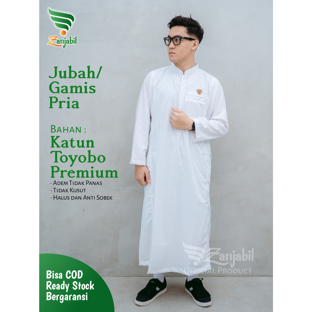Jubah Pria Dewasa Zanjabil Gamis Pria Baju Muslim Polos Terbaru Lengan Panjang Putih