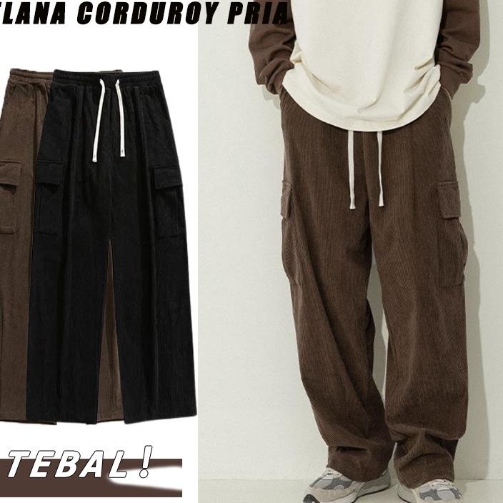 Restock celana cargo corduroy panjang pria celana pinggang karet pria korduroy celana gombrang pria 