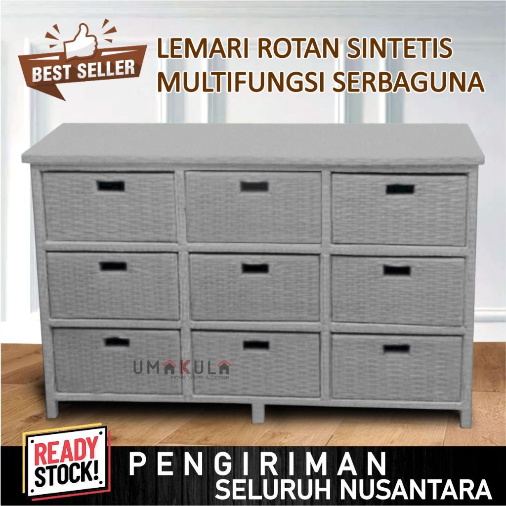 Bufet Buffet Rak Lemari Rotan Sintetis 9 Laci Meja TV Ruang Tamu Estetik Serbaguna Modern Minimalis