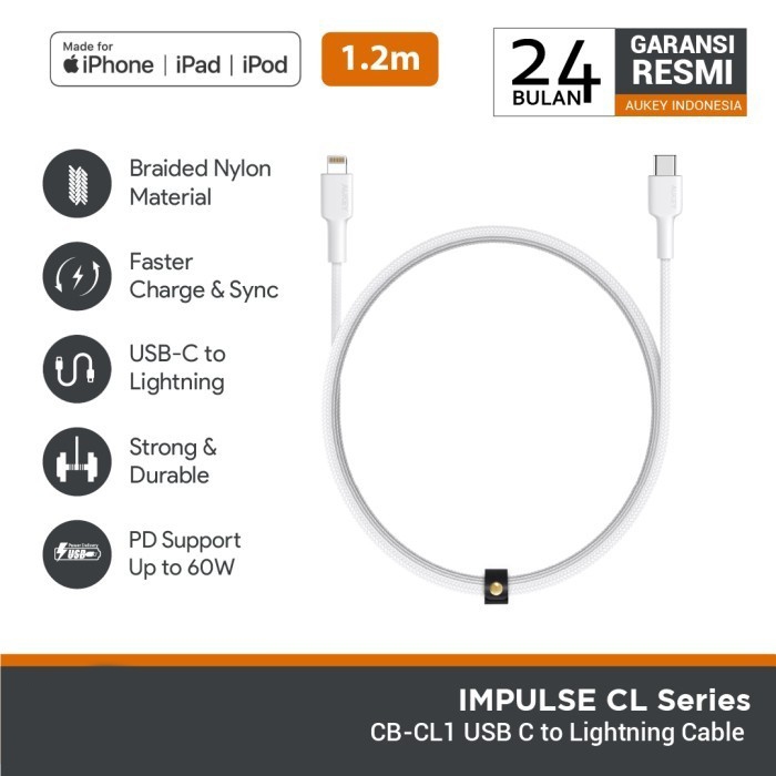 Aukey CB-CL1 Kabel Usb-C to Lightning MFi PD 20W 30W 60W Fast Charge Iphone 12 11 XS Max XR 8 Plus/M