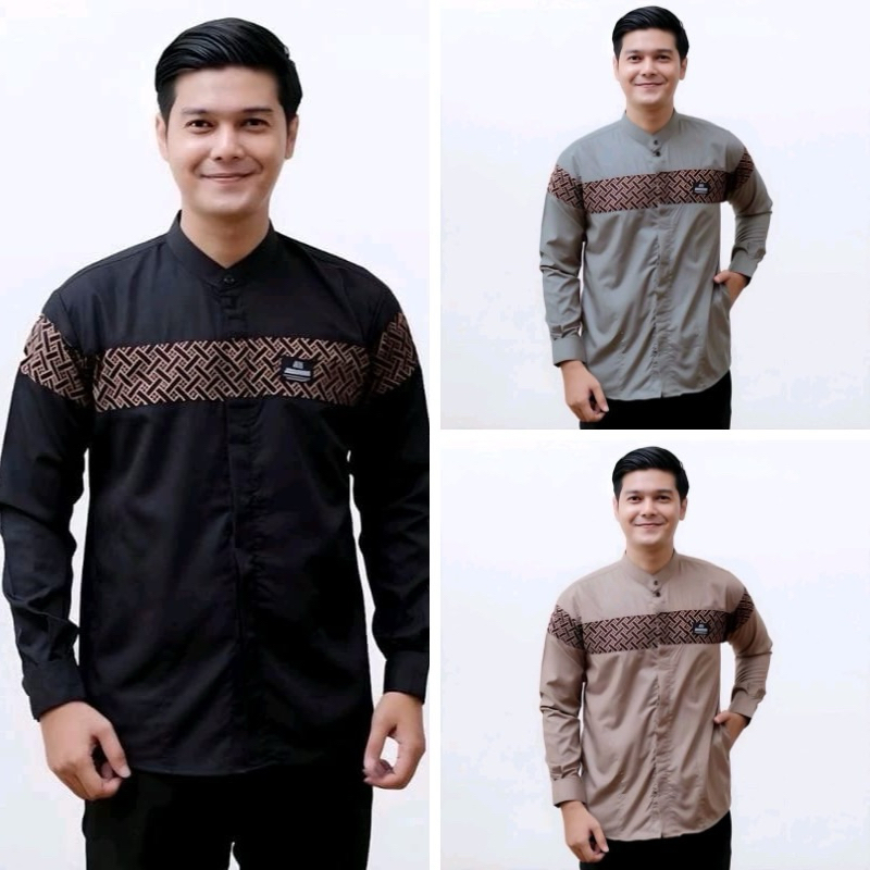 Baju Koko dewasa lengan panjang kombinasi Batik | Baju koko Lengan Panjang Motif Batik Bata Koko Pri
