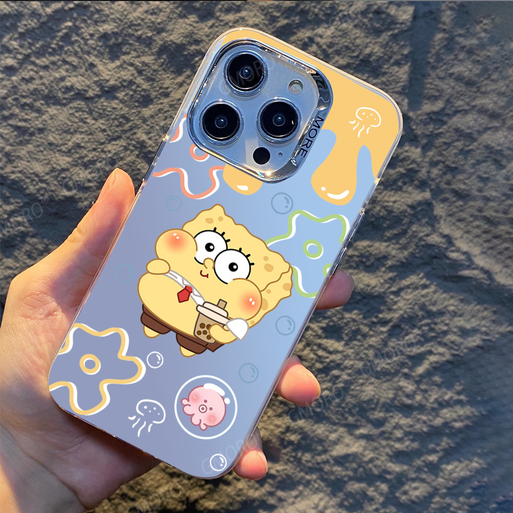 Case Iphone (12-15) Luxury Spongebob Protective Cover Electroplated Lens Frosted