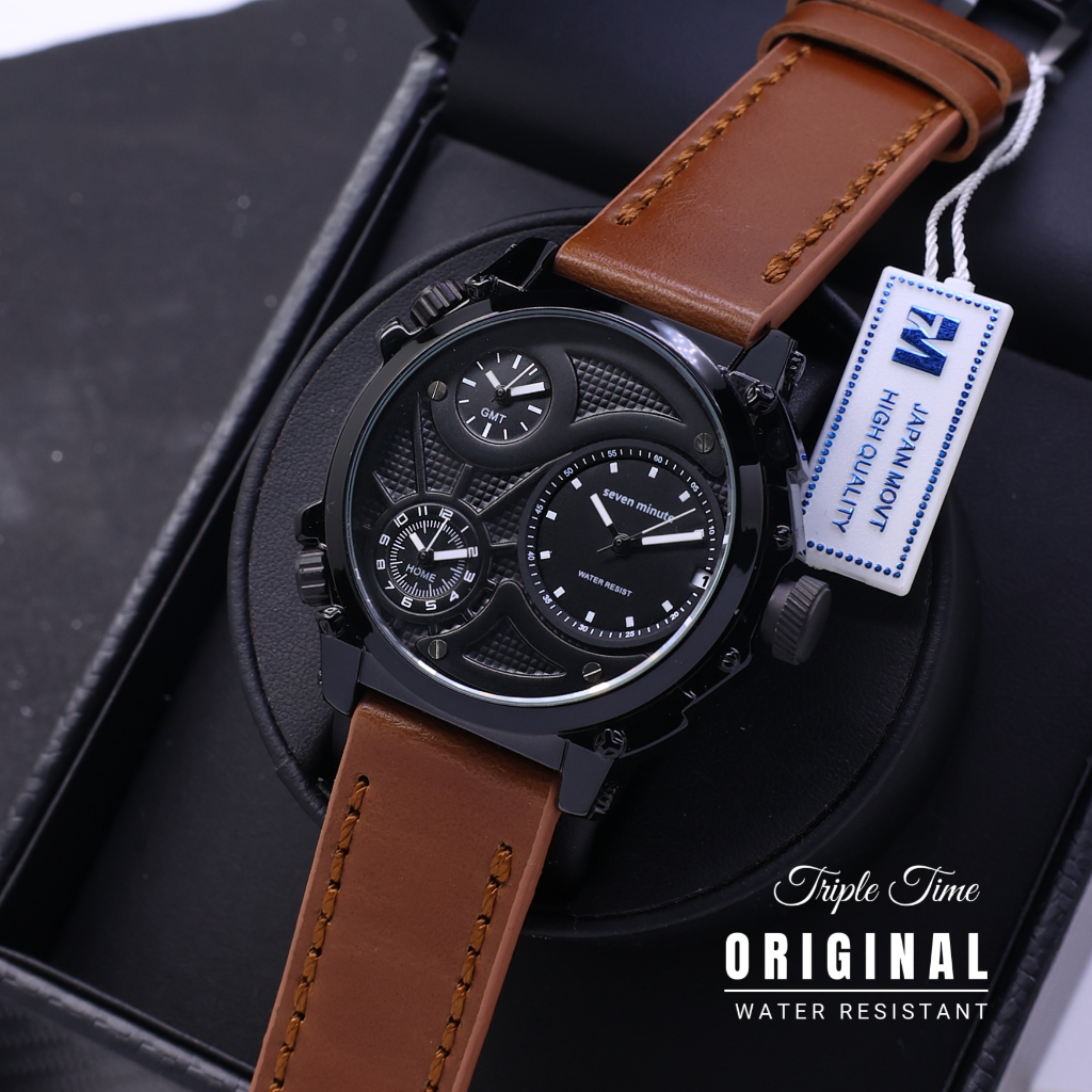 SEVEN MINUTE M739 KULIT LEATHER JAM TANGAN PRIA TRIPLE TIME ORIGINAL QUARTZ