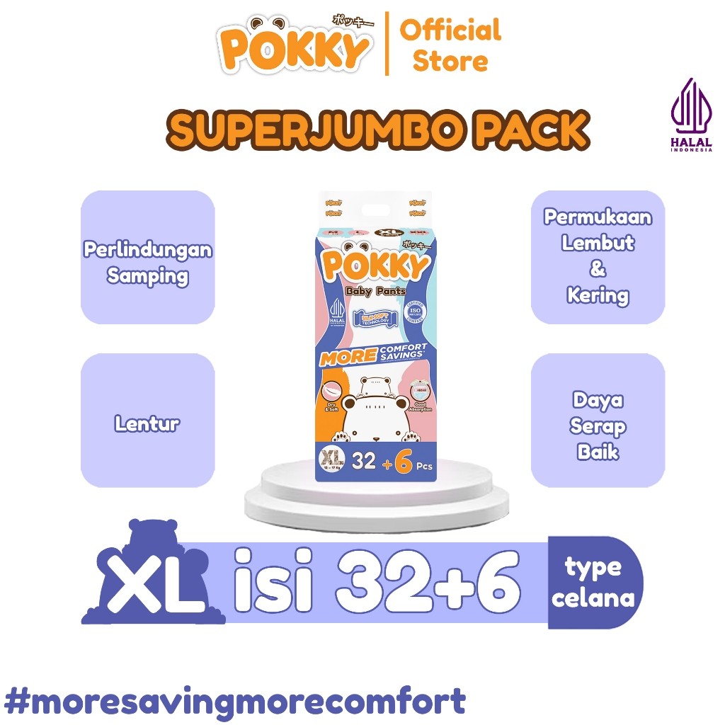 (POKKY PANTS) [1 BAG] POPOK CELANA BABY SUPER JUMBO PACK M44+6/L38+6/XL32+6/XXL28+6 - Gambar 4