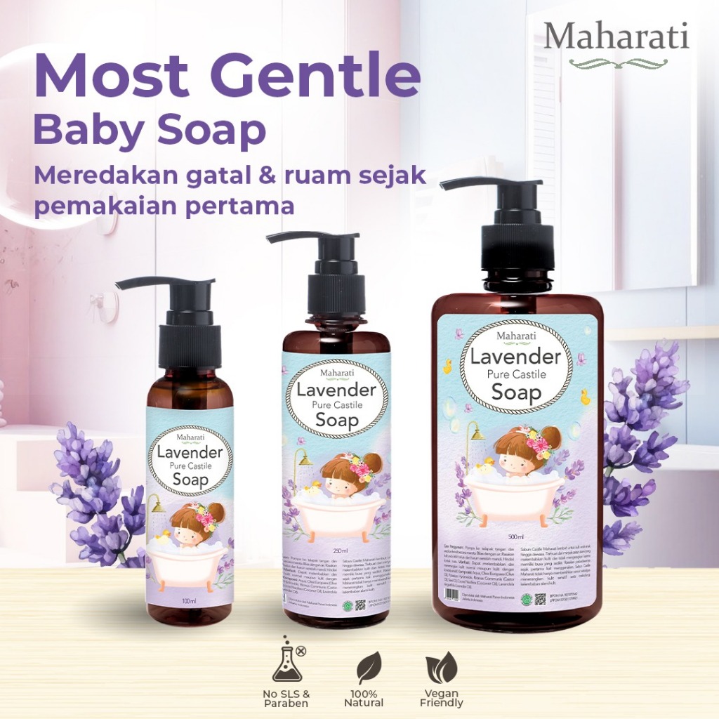 Maharati Castile Soap Lavender Anti Eczema | Sabun Mandi Anak dan Bayi | Sabun Cair Alami untuk Kuli