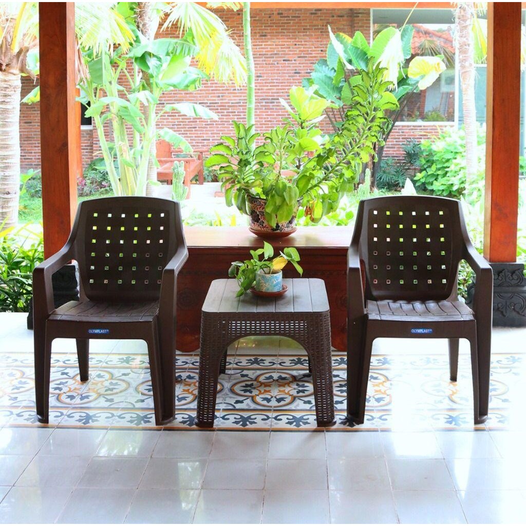 1 Set 2 Kursi Santai Plastik OL 507 Rotan + Meja / Kursi Teras / Kursi Taman / 1Set Kursi Taman (Khu