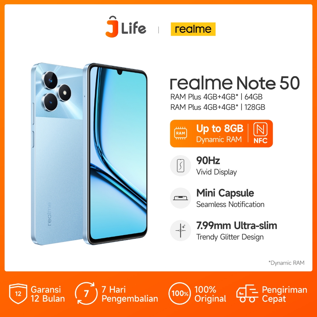 Jlife - realme Note 50 4GB+4GB*|64GB / 4GB+4GB*|128GB (90Hz Vivid Display | Mini Capsule | Ultra Slim Body | 13 MP AI Camera | 5000mAh Battery)-1