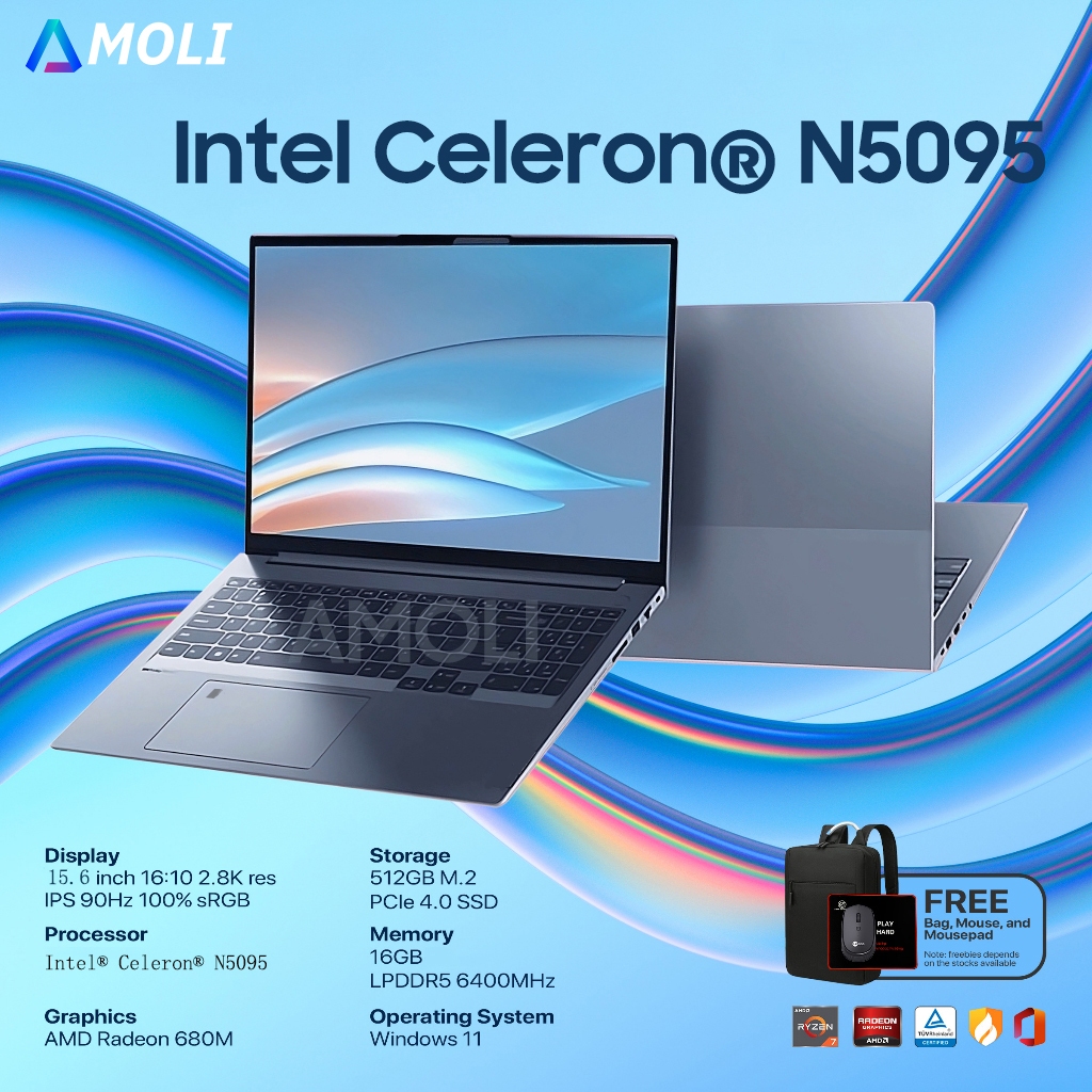 AMOLI Laptop baru 15.6'' RAM 16+512 SSD Intel N5095,Win11Mendukung pembukaan kunci sidik jari+Office