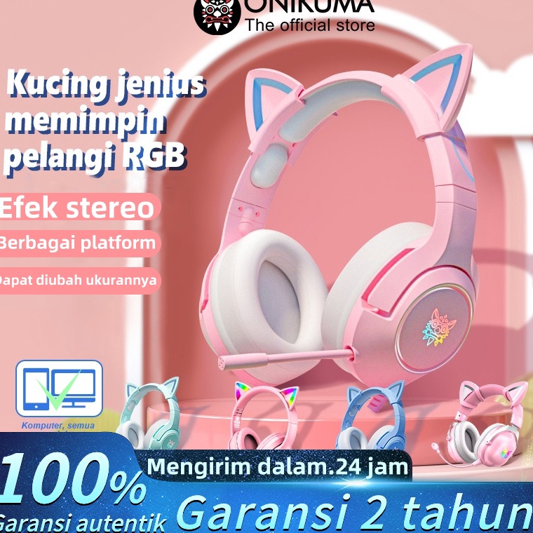RECOMENDED Onikuma K9 pink Rgb Baru Warna Pink Telinga Kucing Lucu Headset Gaming Perempuan Dengan M