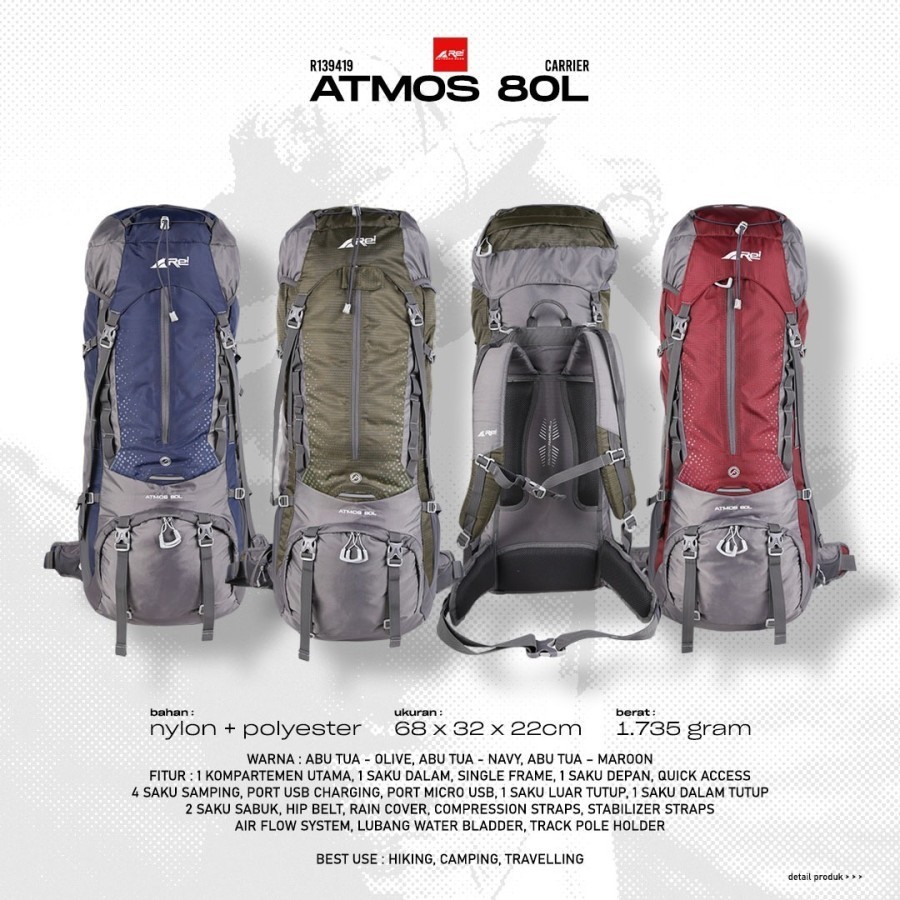 TAS GUNUNG AREI ATMOS 80 LITER INCLUDE RAINCOVER ATMOS 60 LITER TAS HIKING PENDAKI GUNUNG UNISEX ORI