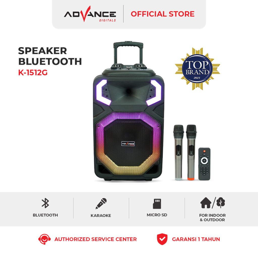 Advance K1512G Professional Speaker Portable 15 inch dengan 2 Microphone wireless Bisa Disconect Bluetooth Extra Bass Garansi Resmi 1 Tahun