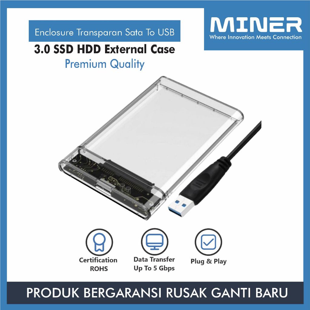 MINER Enclosure Transparan Sata to USB 3.0 SSD HDD External Case Kualitas Premium