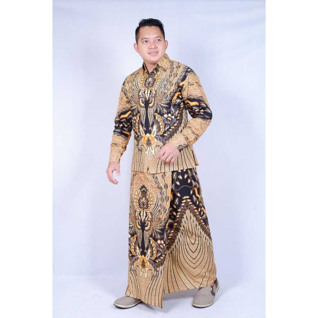 Set Sarkem Sarung Kemeja Pria Dewasa 1 Set Kemeja dan Sarung Pria Lengan Panjang Kemeja Batik Modern