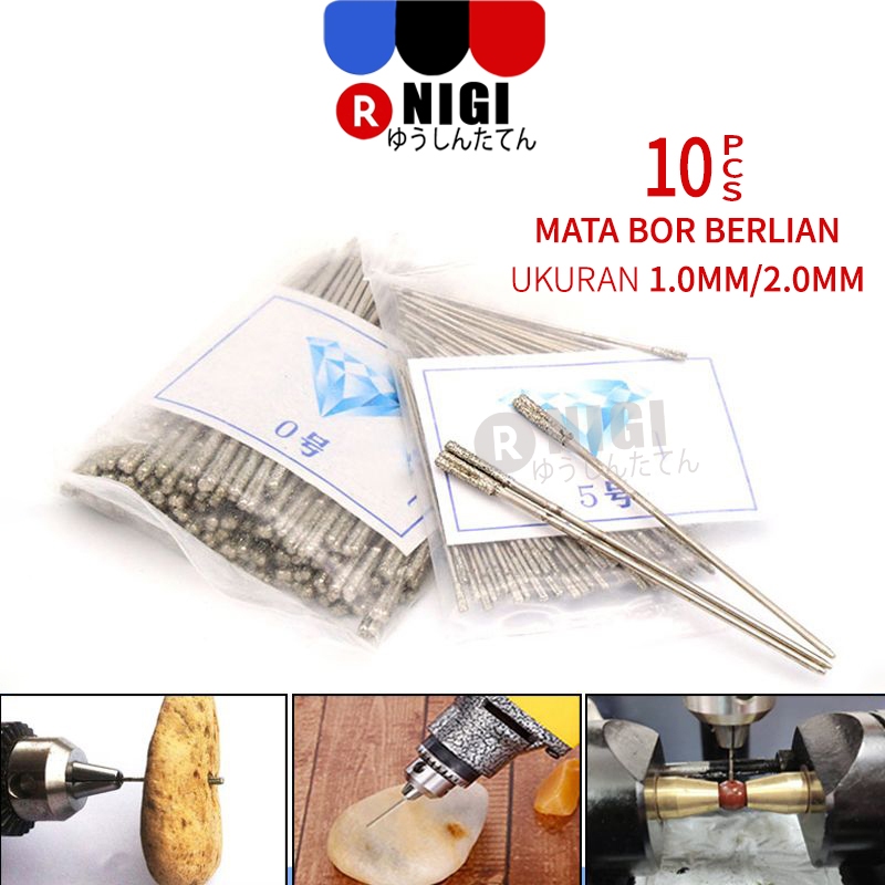 NIGI 10pcs Mata Bor Lapis Berlian 1mm-2.0mm untuk Batu Permata Kaca Liontin