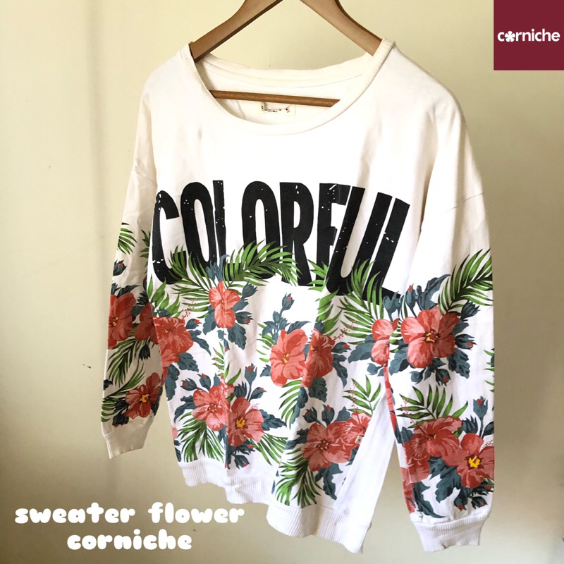 [preloved] Corniche - Crewneck CN Sweatshirt Putih Tulang/Broken White Motif Bunga Branded Indonesia