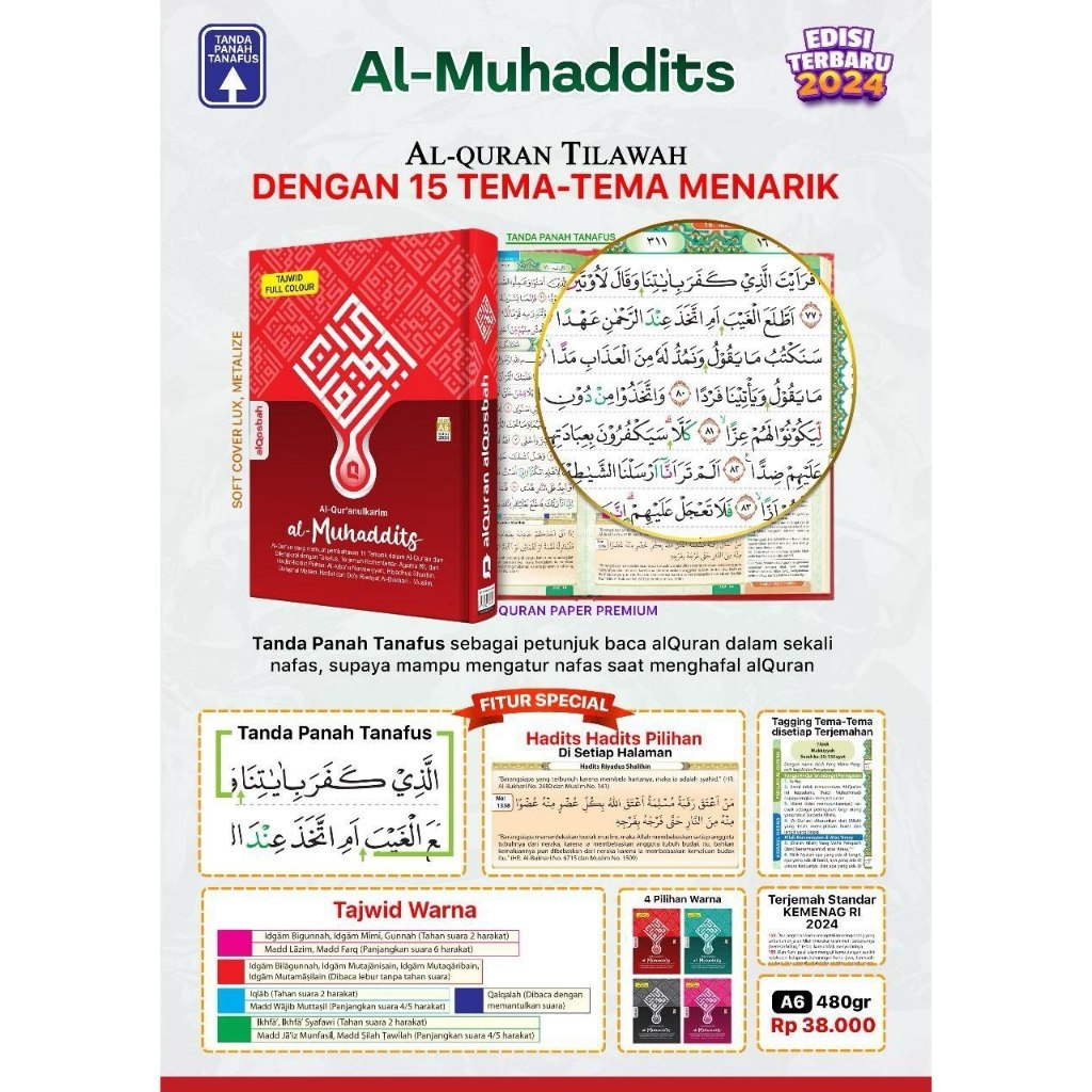 Alquran Terjemahan Al-Muhaddits A6 Soft Cover Terjemah Tajwid Warna Alquran Dengan 15 Tema Menarik Al Qosbah