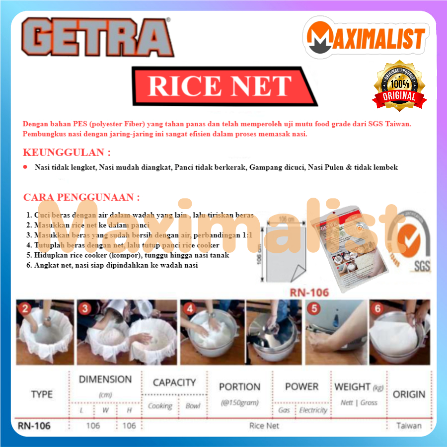 GETRA Rice Net / Pembungkus Untuk Memasak Nasi (RN-106) / GETRA Rice Net RN-106 Jaring Nasi / Puring