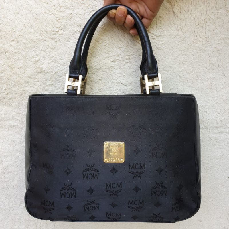 Tas Mcm Handbag Wanita Kanvas Mix Kulit Asli Hitam