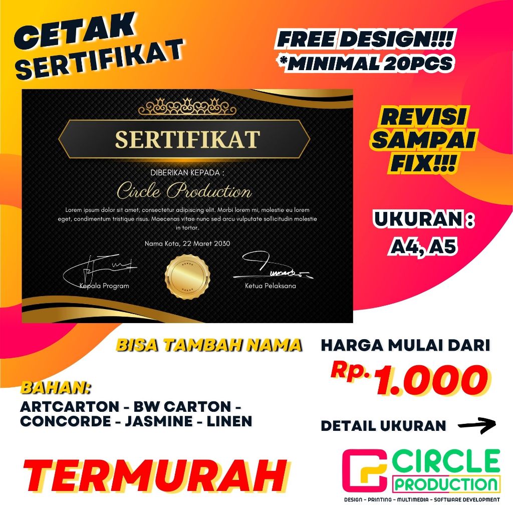 

CETAK SERTIFIAKAT PENGHARGAAN | EVENT, BISNIS, PELATIHAN DLL | MURAH BERKUALITAS | GRATIS DESIGN | REVISI SAMPAI FIX!!