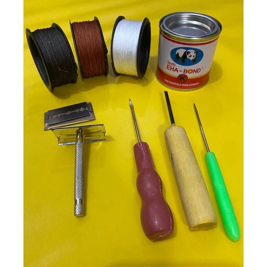 PAKET LENGKAP ALAT SOL SEPATU  jarum sol sepatu penyayat susruk sol  benang nilon sol sepatu
