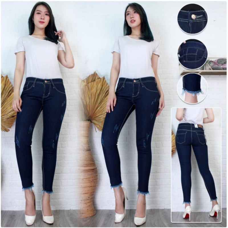 CELANA JEANS WANITA 7/9  HARVEY KANCING 1 BIRU NEVY GARMENT 27-34
