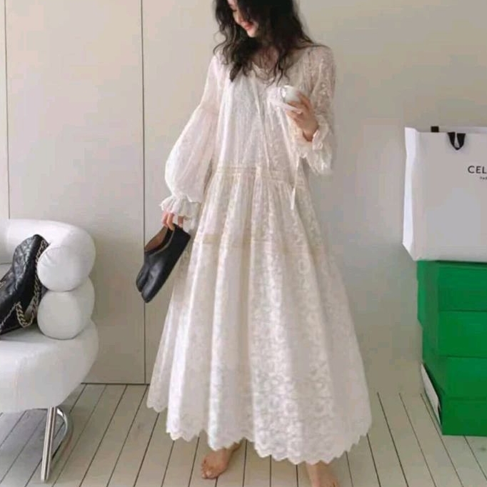 14019 Set2PCS (Set INER DRESS) Baju mididress ELBERTA LACE BROKAT BABYDOLL PUTIH MIDI DRESS premium 