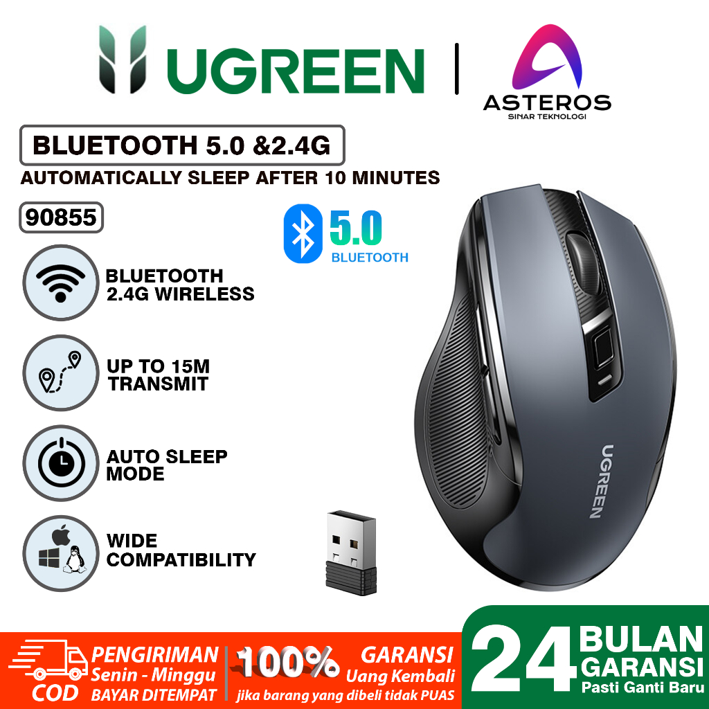 UGREEN Mouse Ergonomic Wireless Bluetooth 2 IN 1 Koneksi Silent Click For Komputer Laptop-90855 DONGLE+BT