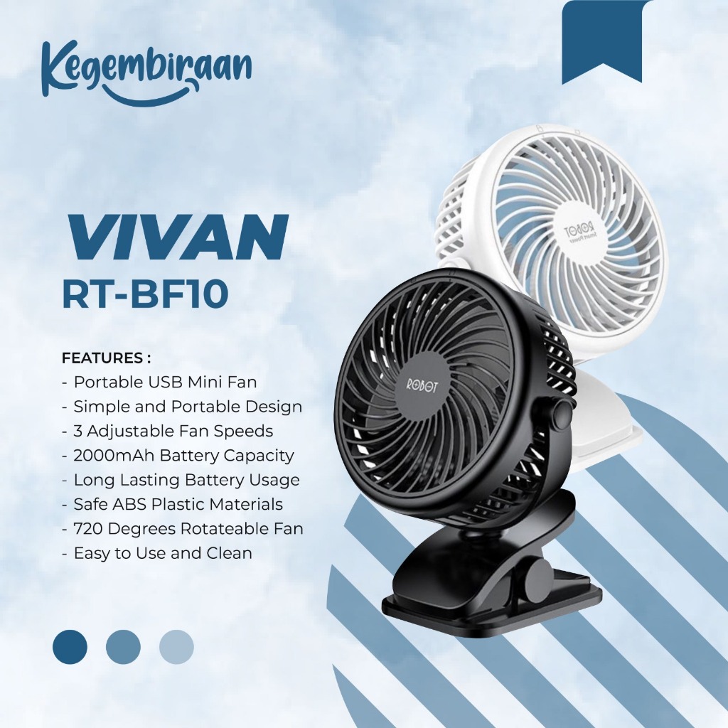 Kipas Angin Portable Jepit VIVAN ROBOT RT-BF10 Mini USB FAN Clip