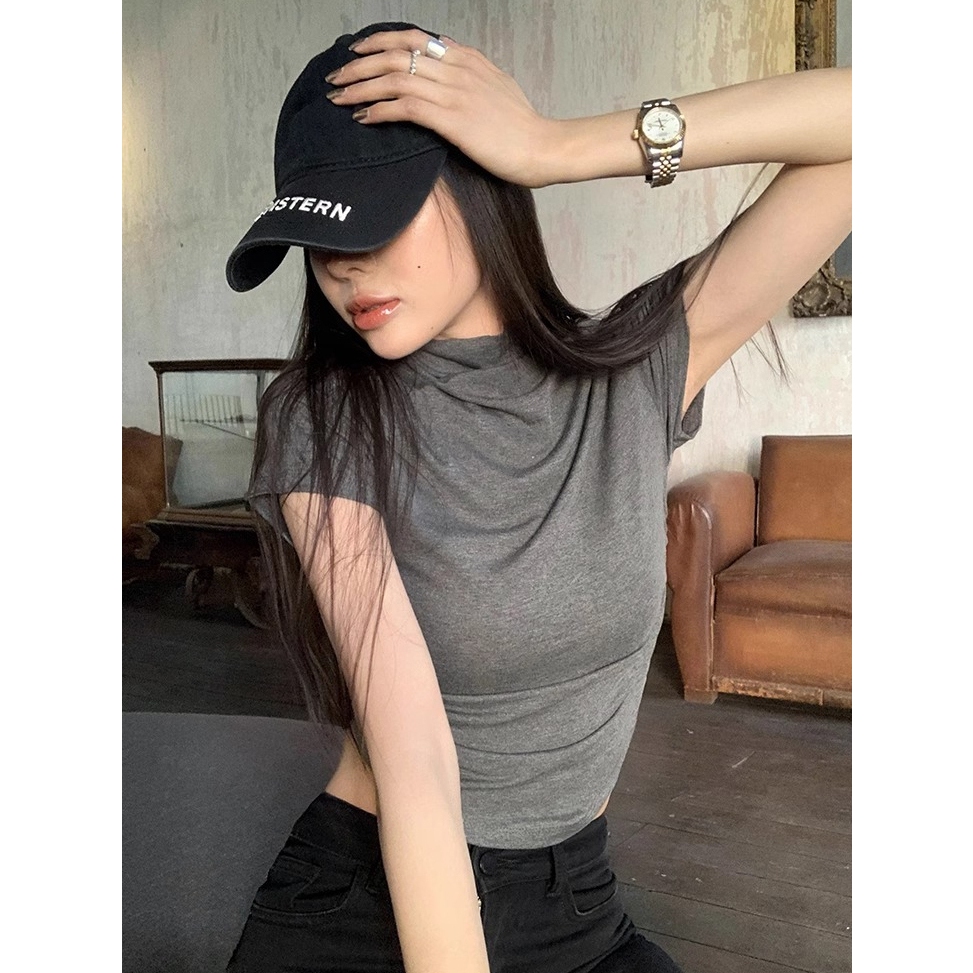 atasan turtleneck tengah wanita/kaos lengan pendek abu-abu polos/t shirt hot girl gadis seksi/baju w