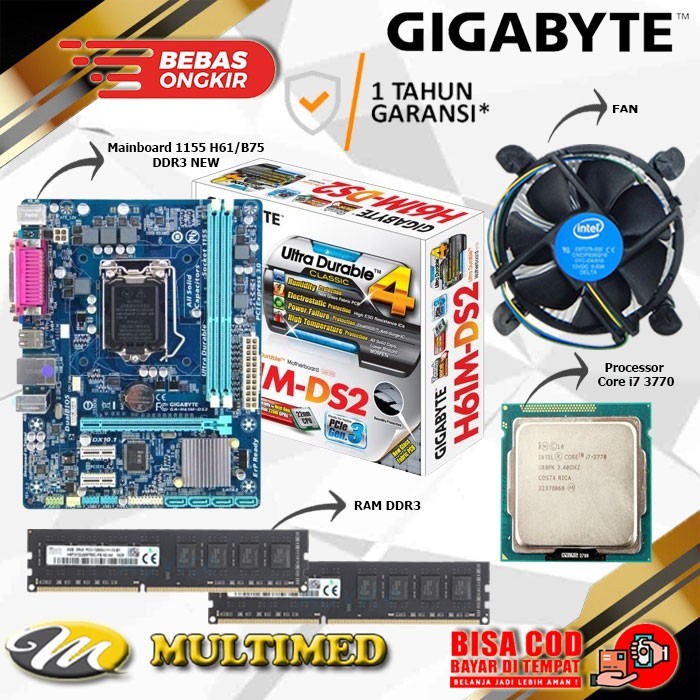 Paket Mainboard LGA 1155 H61 / B75 DDR3 Baru + Core i7 3770 + Fan