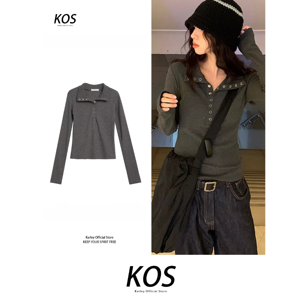 Atasan Kancing Rajutan Wanita Keren/Kaos Lengan Panjang Abu-abu Gadis Seksi/T Shirt Stretch Y2k Kore