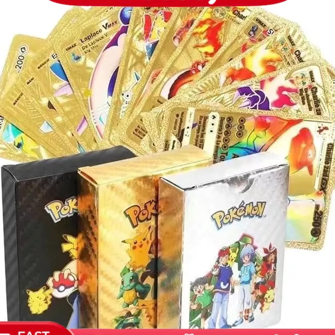 GROSIR 1ORICOD 275511PCS Kartu Pokemon Emas 1 Box Asli Bahan Metal Pokemon GoldSilverRainbow Card