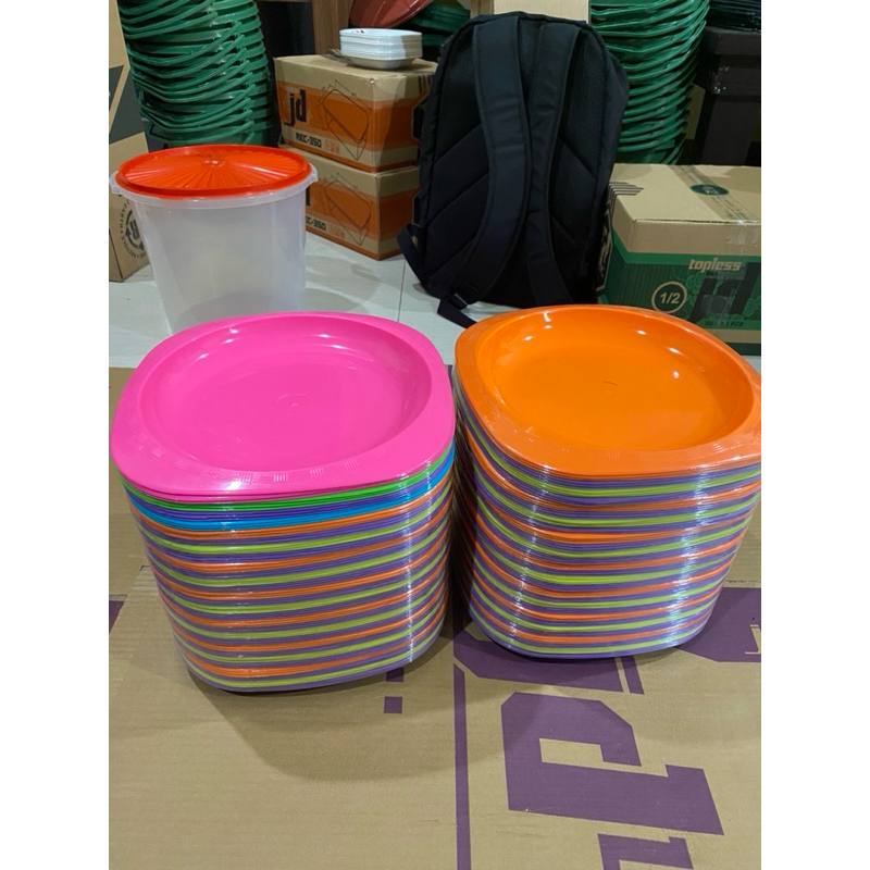 (12 PCS) Piring Kotak Plastik 10 inc 3 warna / Piring Kotak 25 cm / Bukan Melamin / Piring Plastik /