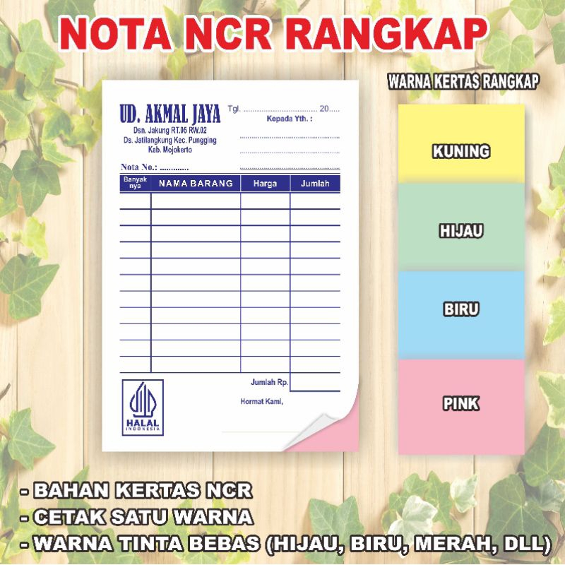 

Cetak Nota NCR/ Nota Rangkap/ Nota toko/ Kwitansi/ surat jalan -- 1 rim 2 ply