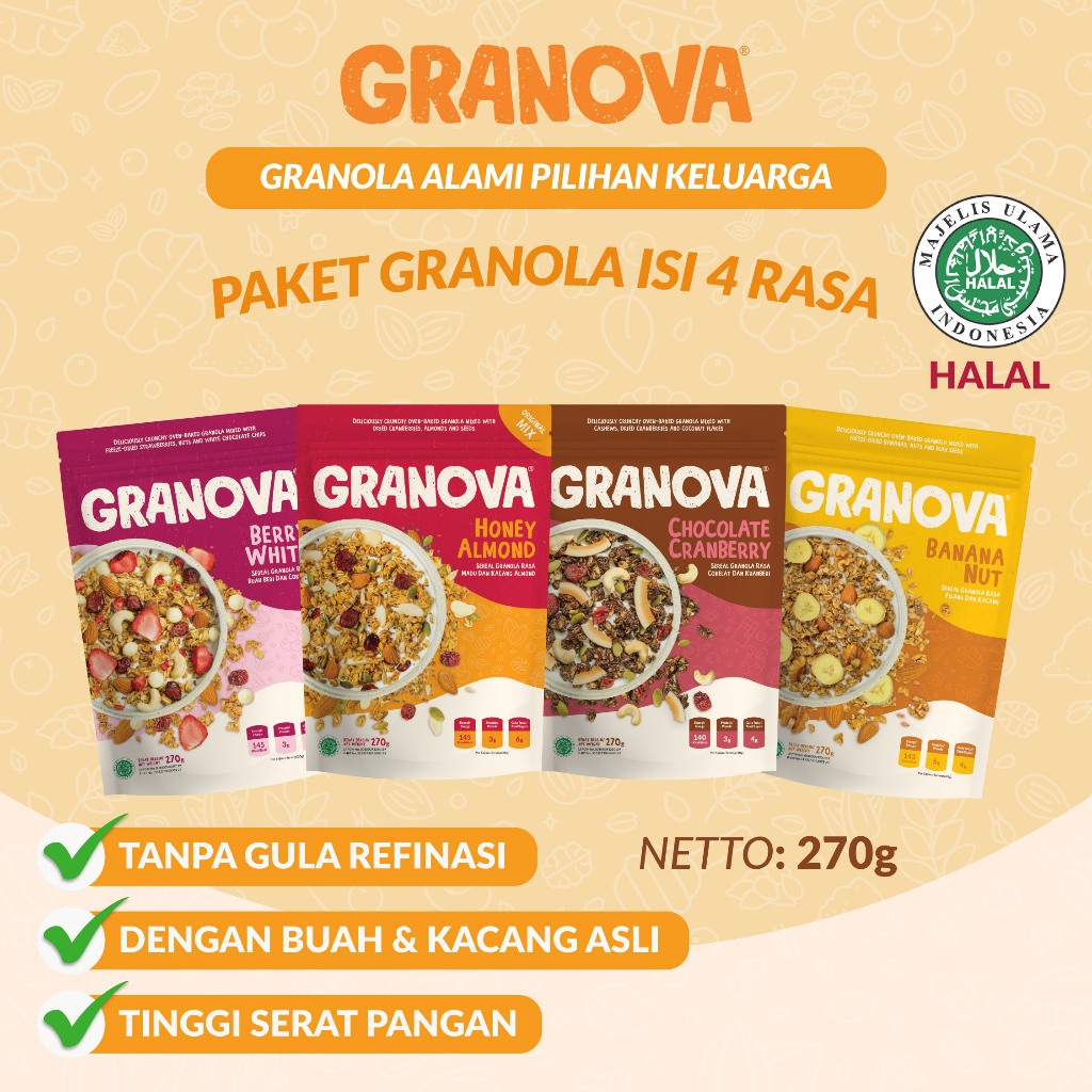 

Granova - Granola 270 gr x 4 pcs (Honey Almond, Choco Cranberry, Banana Walnut, Berry White) - Sereal, Sarapan Sehat, Halal