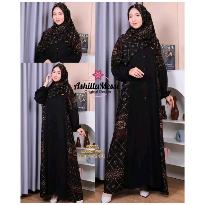 GAMIS ALMIRA SET HIJAB Rayon tuil  Series HITAM Kancing - CA_Olshopp77