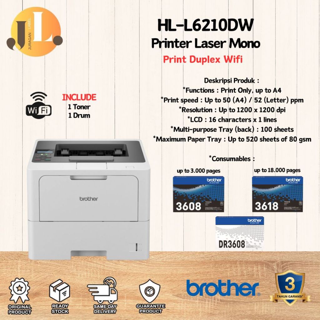 Printer Brother HL-L6210DW Laser Mono A4 Duplex Wifi L6210 Garansi Resmi