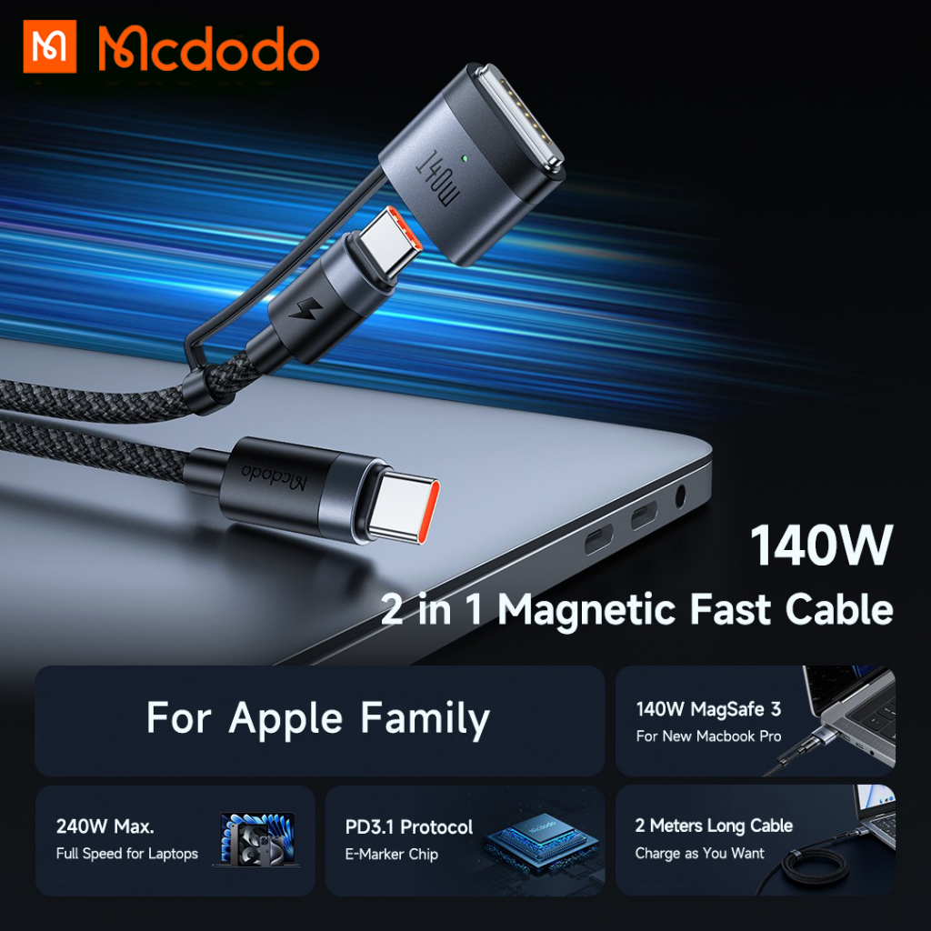 MCDODO Kabel 2in 1 Magsafe 3 + PD3.1 Type C Fast Charging 140w -240w Max