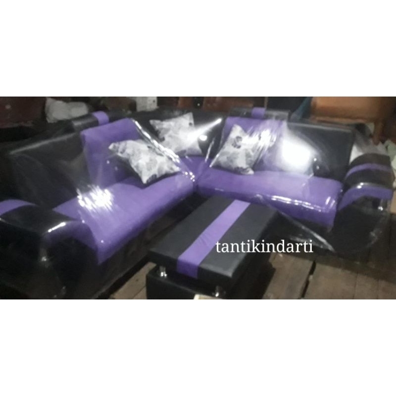 1 SET SOFA L UNGU KOMBINASI HITAM + MEJA + BANTAL