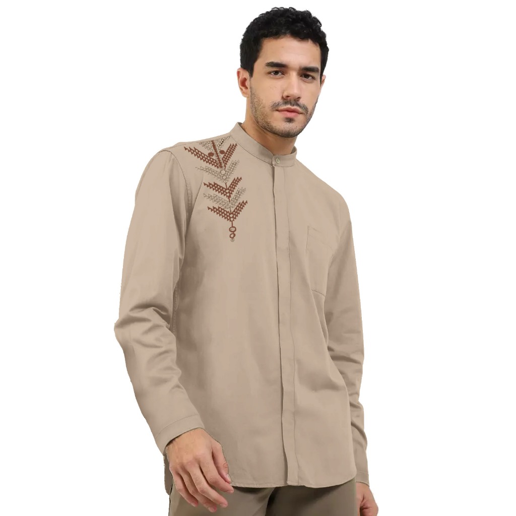 Al Jabari - Baju Koko Pria Dewasa Lengan Panjang Lengan Pendek / Baju Muslim Pria Bordir Motif Simple Bahan Katun Mikro Premium-3