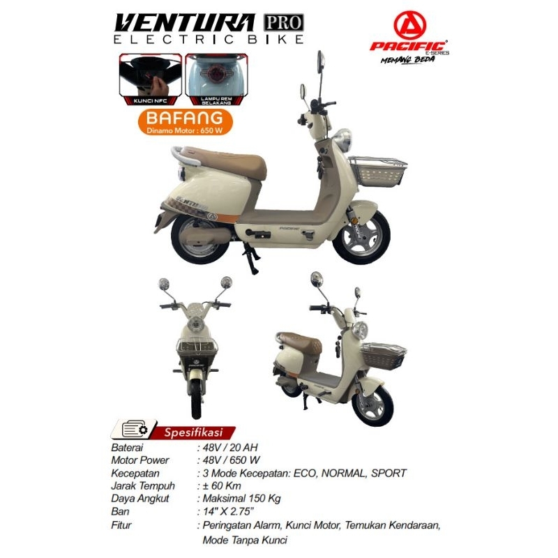 Sepeda Listrik Pacific Ventura 17-19 inci - Hitam, Putih, Merah - Lithium-ion 500Wh