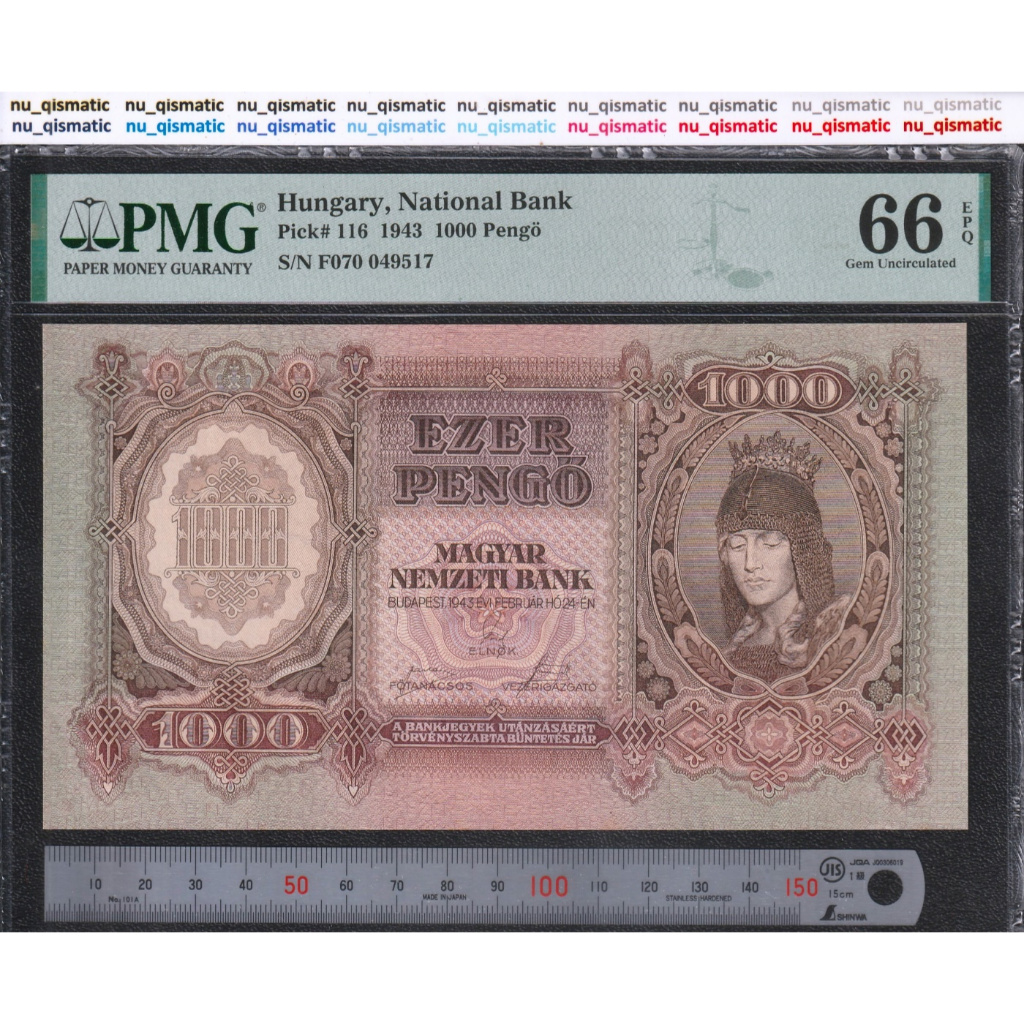 Uang LANGKA Hungary 1000 Hungaria 1000 Pengo , 1943 , PMG 66 EPQ Gem UNC P# 116 TOP POP