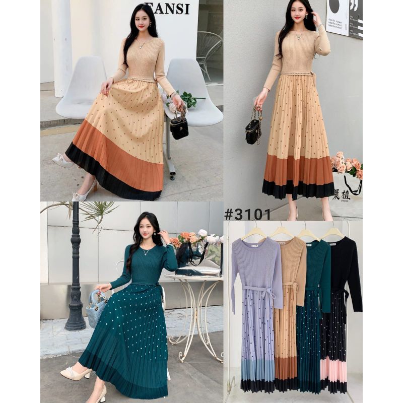 MIDI dress wanita Rajut polka mix plisket