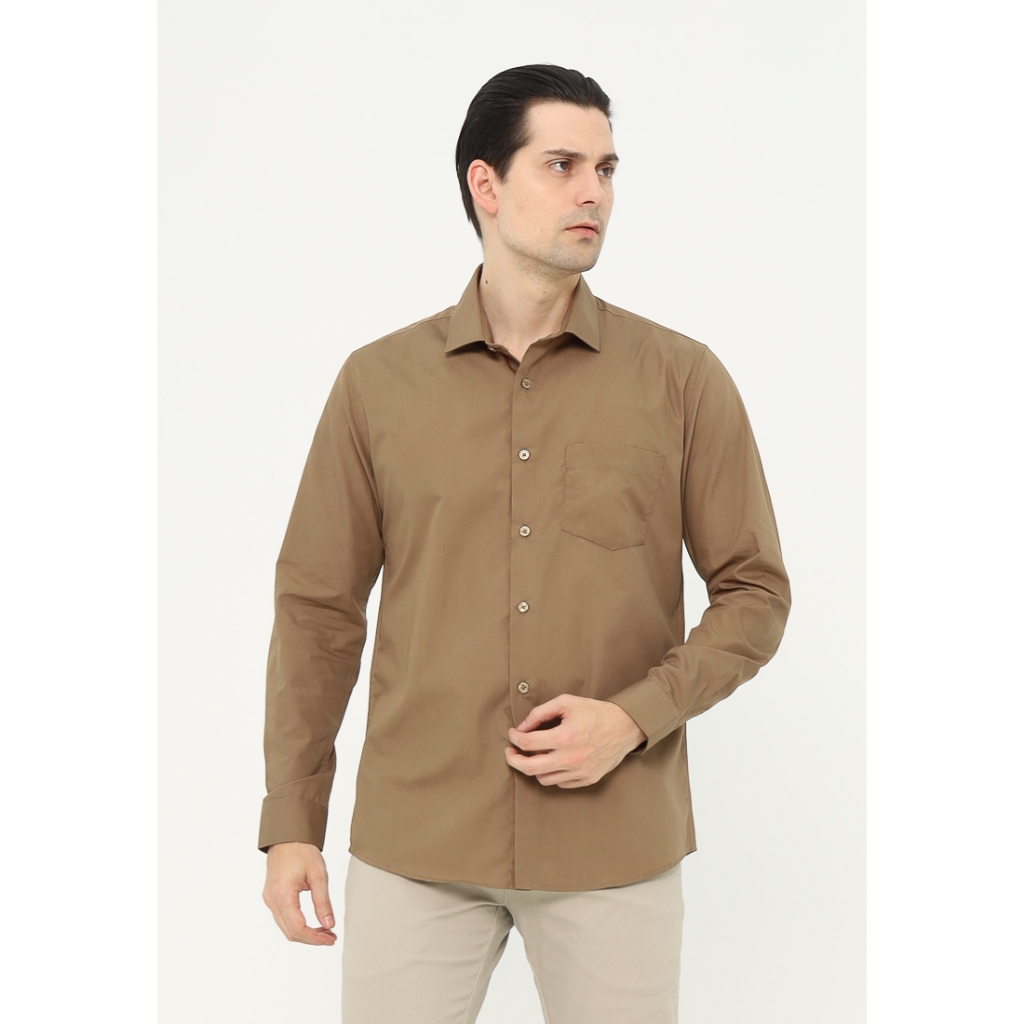MAGINOT Kemeja Pria Basic Polos Panjang BROWN