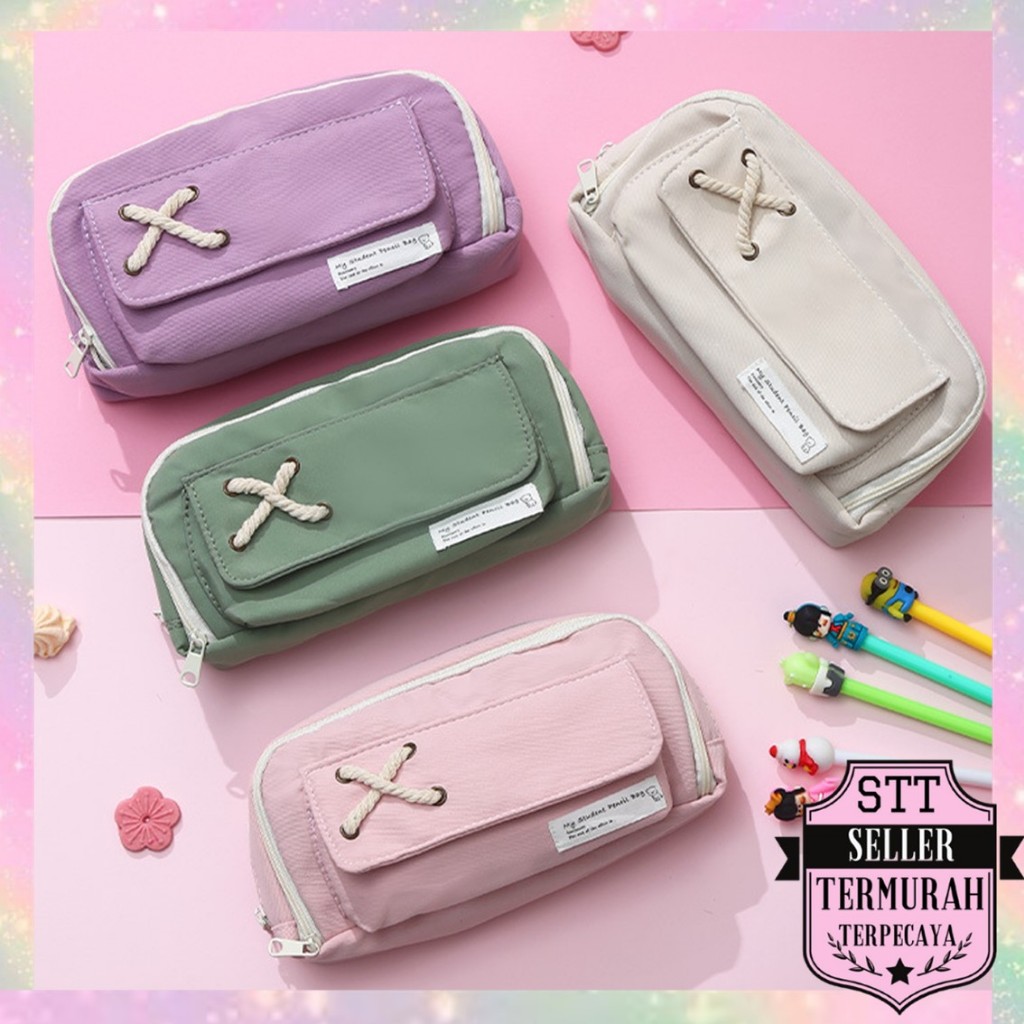 

STT Tempat Pensil Model Pita Silang Kotak Pensil Tali Rami Ritsleting Ganda Bahan Kanvas Pouch Tempat Alat Tulis Perlengkapan Sekolah Kantor Dua Sisi Resleting