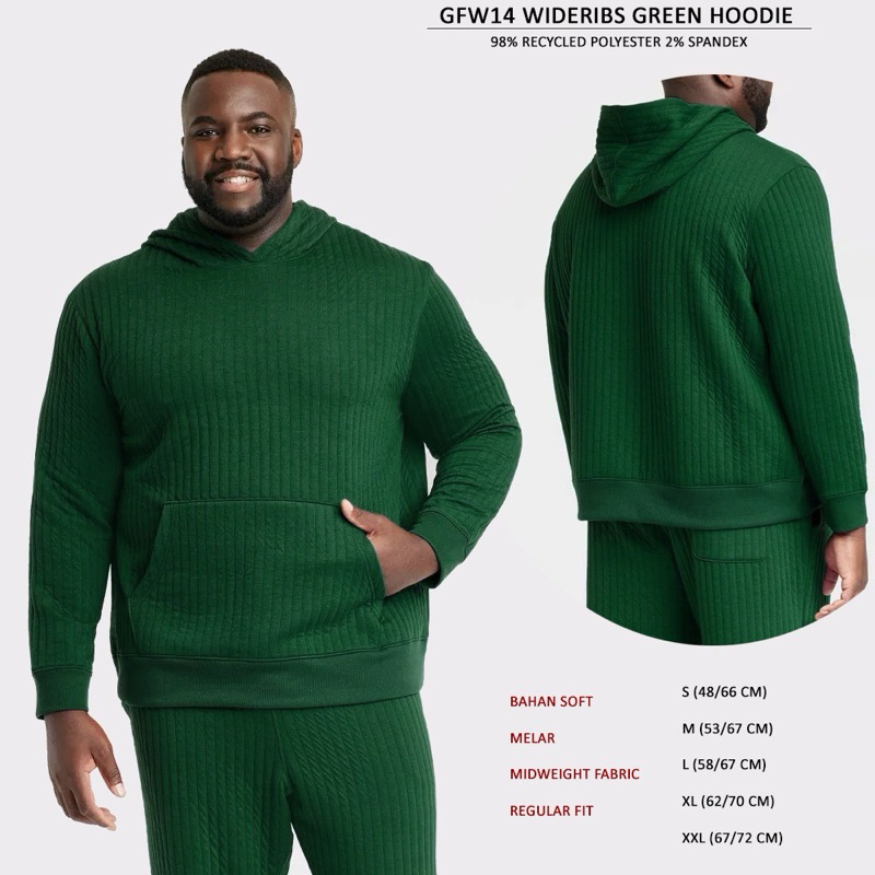 Hoodie Pria Warna Hijau Botol (Wide Ribbed Pattern) brand GOODFELLOW Original