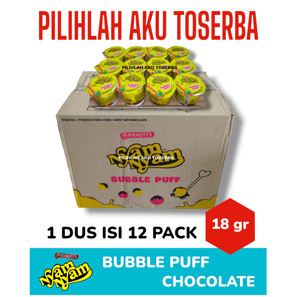

Arnott's Nyam Nyam Bubble Puff CHOCOLATE 18 gram - ( HARGA 1 DUS )