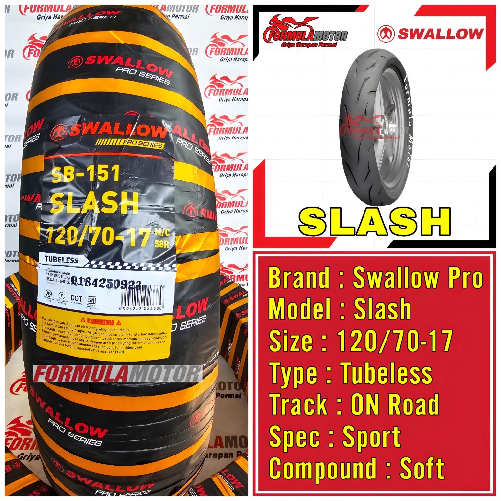 120/70-17 Swallow Slash Ring 17 Tubeless (Profil Donat Soft Compound) Ban Belakang Vixion, MX-King, Supra GTR, Byson, Tracker Tubles SB151 SB-151