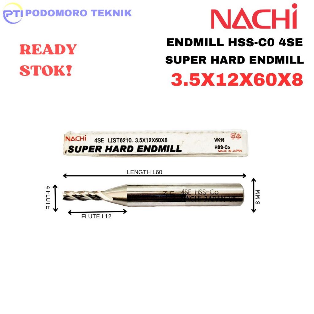 

Endmill 3.5X12X60X8 mm 4 Flute Merk NACHI Endmill 3.5 mm 4F Nachi